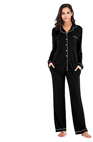 OCCIENTEC - Set Pigiama da Donna Classico Morbidissimo Pigiama Lungo Modal in Due Pezzi con Bottoni Indumenti da Notte Loungewear per Tutte Le Stagioni (Nero, XL)