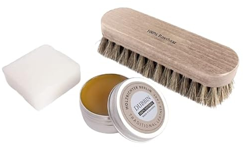 HOLZRICHTER Berlin Lederpflege-Set - Premium Lederaufbereitung mit Lederfett, Rosshaarbürste und Auftragsschwamm - 30 ml