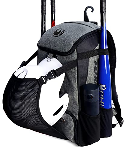 PHINIX Baseball- und Softball-Rucksack mit externem Helmhalter für Erwachsene, große Kapazität für Schläger, Helm, Handschuhe, Schuhe (grau und schwarz)