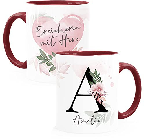 SpecialMe® Kaffee-Tasse mit Name und Spruch mit Herz Initiale Monogramm Dankeschön personalisierte Geschenke Erzieherin bordeauxrot Keramik-Tasse