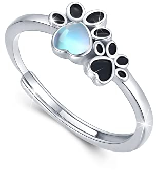 Pfote Ringe 925 Sterling Silber Mondstein Hündchen Pfotenabdruck Ring Verstellbar Ring Tier Ringe Geschenk Schmuck für Damen