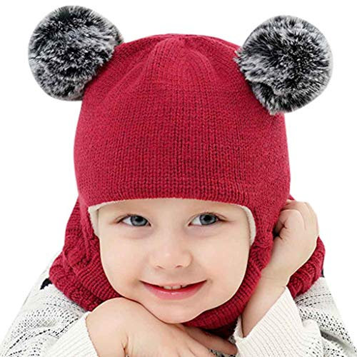 Qersh 2-7 Jahre alt Baby Wintermütze Schal Mädchen Set Strickmütze Babymütze Mütze Set Baby Mütze Warme Winter Beanie Hut Jungen runder Schal Set (Rotwein, 2-7 Jahre alt)