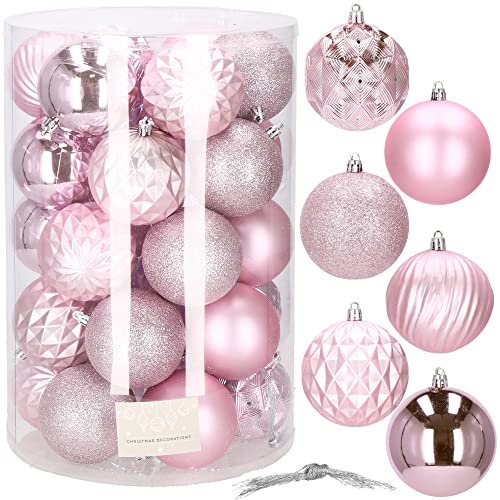 SPRINGOS Lot de 30 boules de Noël en plastique - Diamètre : 8 cm - Rose - Décoration pour Noël, fête, mariage
