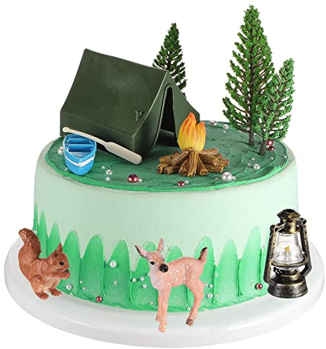 Fireside Camp Decor Set 11 Pieces Plastic Resin Cake Decoration Topper Forest Themed Including Canoe with Oar, Lamp, Campfire, Tent, Trees, Deer, Squirrel for Cupcake Decoration Accessories