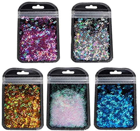Oilmal Buchstaben-Glitzer-Set, 5 Farben, Alphabet, holografischer Laser, Buchstaben, grob, Glitzer, Epoxidharz, Festival, grobe Buchstaben, gemischte Pailletten, 2 g pro Stück