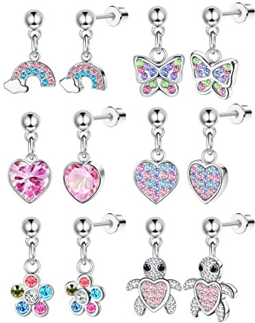 YADOCA 6 Paires Boucles d'Oreilles Pendantes pour Femmes Fille Enfant en Acier Chirurgical Hypoallergéniques CZ Boucles d'oreilles Vissées Fleur Papillon Arc-en-ciel Coeur Cartilage Boucles d'Oreilles