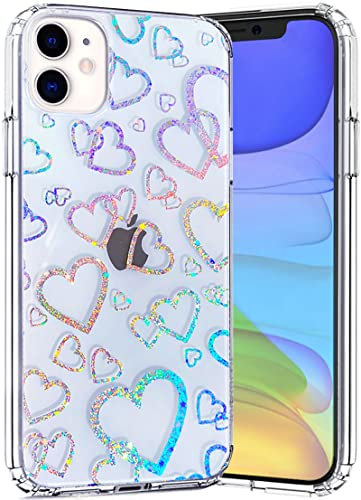 Efitoo Compatible with iPhone 11 Case Glitter Clear with Design Laser Holographic Rainbow 3D Heart Love Sparkle Cute Bling Hard PC & TPU Shockproof Protective Phone Cover for Women Girls