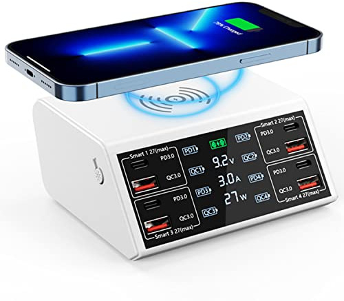 Multi USB Ladestation 100W Mehrere Geräte Ladegerät mit LED Bildschirm Kabelloses Schnell Induktives Ladegerät 8 Ports mit 18W QC3.0 USB und 27W PD-Schnellladungsport für iPhone iPad Samung
