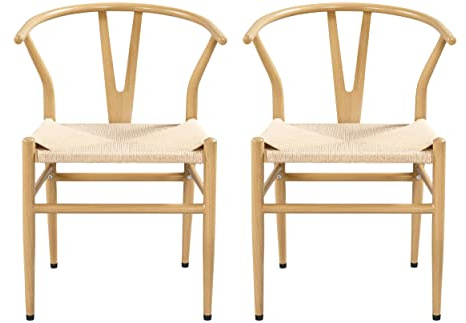 costoffs 2pcs Mid-Century Woven Arm Dining Chairs Wood Tone Metal Frame | Wood Breathable Woven Armrest, Sturdy Wood-tone Metal Frame, Mid-century Accent Chairs Fit Dining & Kitchen Indoor Daily Use