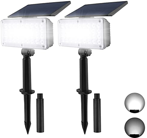 T-SUN Foco Solar 36 LED Luces Solares Exterior Jardin Foco Proyector Exterior,Impermeable, 2 Modos, Encendido/Apagado Automático, para árboles, Jardines, Carreteras, Césped (6000K, 2PC)