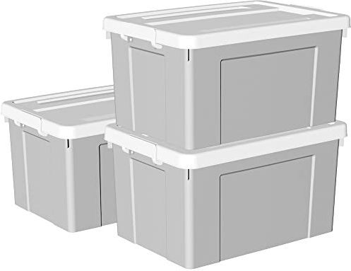 Cetomo 90 l x 3 Kunststoff-Aufbewahrungsbox, Tragetasche, Organisationsbehälter mit robustem Deckel und sicheren Verriegelungsschnallen, stapelbar und stapelbar, 3 Stück, grau mit Schnalle