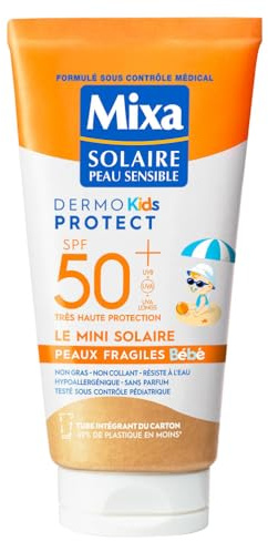 Mixa Solaire Solaire – Mini-Sonnenpflegemilch, sehr hoher Schutz, LSF50+, UVA, UVA, lang, UVB – empfindliche Haut für Babys – Reisegröße – hypoallergen, parfümfrei – 50 ml