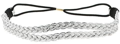Silbernes Glänzendes Damen Haarband - Original Geflochtenes Hairband - Dünnes elastisches Stirnband Einheitsgröße - Hochzeit oder Party Headband - Vintage Look Boho Hippie Chic