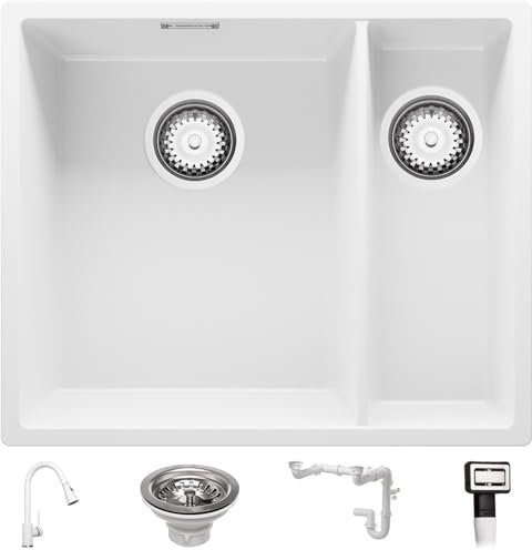 PRIMAGRAN Fregadero Granito Blanco 56x47cm, Cocina 1,5 Senos + Grifo 40x20cm + Sifón, Sobre encimera al mueble 60cm - London Slim Duo