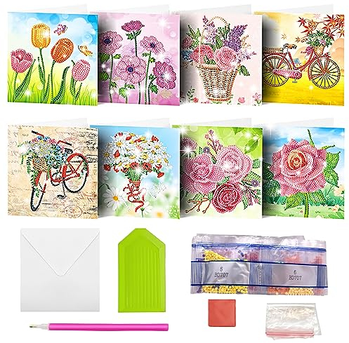 MEDOYOH 8er-Set DIY Diamond Painting Grußkarten mit Umschlag, Diamantmalerei Blanko Kunstkarten für Geburtstag Muttertag Weihnachten Jubiläum Erntedankfest, Fahrrad und Blumen (10)
