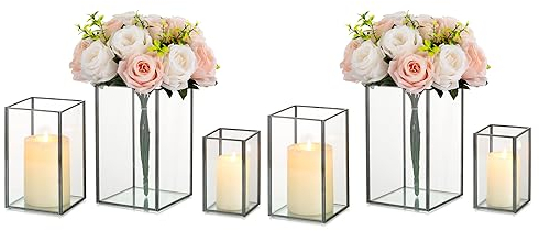 Glasseam Kerzenständer Schwarz Metall, Kerzenhalter Stumpenkerzen, Klar Windlichter Glas Set von 6, Windlicht Weihnachten für Hochzeit Tisch, Chic Kerzenglas Gross für Esstisch Home Dekoration