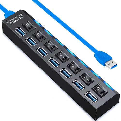 Hub USB 3.0, Vienon Hub de datos USB 3.0 de 7 puertos con interruptor de encendido/apagado independiente e indicadores LED para laptop, PC, computadora, disco duro móvil, unidad flash y más