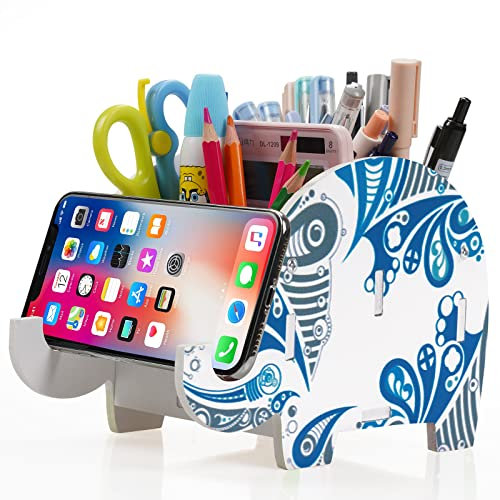 MOKANI Desk Supplies Organizer, Elephant Pencil Holder Multifunctional Office Accessories Desk Decoration with Cell Phone Stand for Smartphone,Christmas Gifts For Kids, Girls, Boys, Women