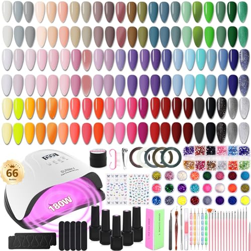 Milai Kit Ongle Gel UV Complet,66 Couleurs Kit Verni Semi Permanent avec 180W UV/LED Lampe/Base&Top Coat,Kit Ongle Gel UV Complet,Kit Manucure-24 Couleurs Poudre Scintillante pour Nail Design