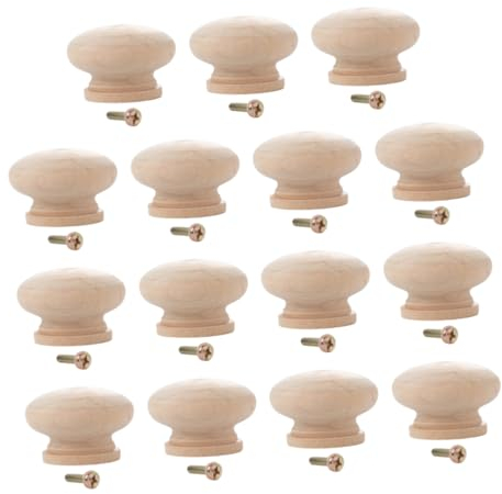 BESTonZON 15pcs Wooden Drawer Knobs Natural Beech Round Pull Handles Single Hole Cabinet Knobs for Kitchen Furniture Easy Installation for Home and Office