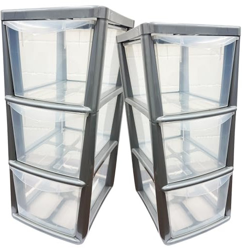 3 Drawer Medium Silver Modular Storage Tower Unit for Home, School, Office, Living Room & Bathroom With Clear Drawers (1)