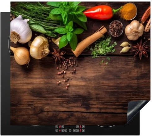 KitchenYeah© Herdabdeckplatte Einteilig Induktionsmatte Küche Abdeckung Ceranfeld Herd Abdeckplatte Deko Vinyl Matte Aufrollbar Knoblauch - Gemüse - Gewürze - Holzdruck - Stilleben - 59x52 cm