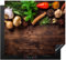 KitchenYeah© Herdabdeckplatte Einteilig Induktionsmatte Küche Abdeckung Ceranfeld Herd Abdeckplatte Deko Vinyl Matte Aufrollbar Knoblauch - Gemüse - Gewürze - Holzdruck - Stilleben - 59x52 cm