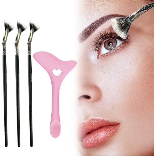 Eoopoon 4PCS Mascara Fan Brushes Set, Folding Angle Scalloped Lash Brush without Clumps, Premium Bent Eyelash Brush Lash Wand Brush and Mascara Shield Makeup Tool, Beginners Friendly