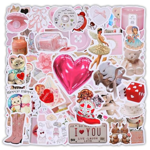 XIHIRCD 119pcs Coquette Pink Cat Stickers, Cute Floral Decals for Laptop, Water Bottle, Scrapbook & More