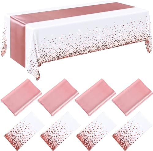 SUBLXPoten Nappe de Table Nappe en Plastique Or Rose, Couverture de Table for 6 Places, Chemin de Table en Satin de 108 Pouces for fête de Mariage(White Rose Gold)