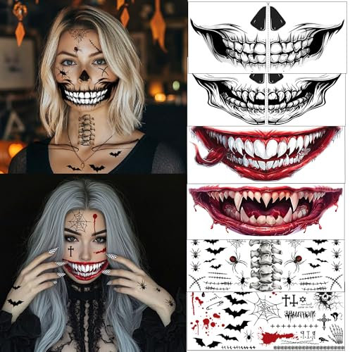 8 x Halloween Tattoo Gesicht Skelett Tattoo, Halloween Schminke Gesichtstattoo Halloween Mund Tattoo,Halloween Make up Halloween Aufkleber Gesicht,Zombie Schmink Skelett Tattoo Gesicht (B - 8 Pcs)
