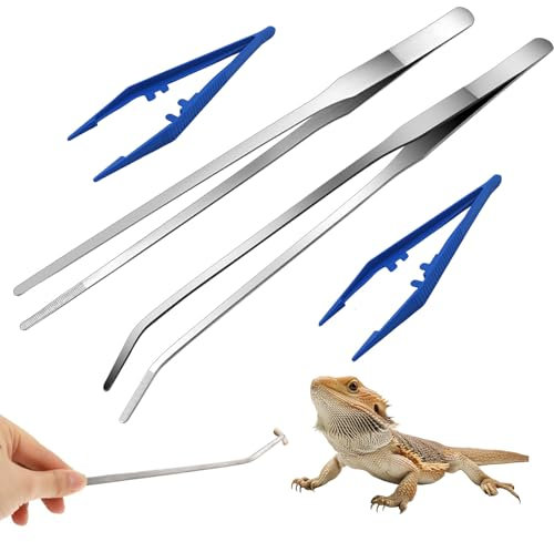 YSUY Reptile Feeding & Watering Supplies -2 pcs Extra Long Stainless Steel Feeding Tongs and 2 short blue aquarium tweezers，Great Snake Accessories - 10.6 in.