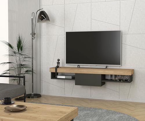 DORPEK Barsine Tv Stand Sepet - Anthracite, Wall Mounted Tv Unit with Open Shelf, Floating Media Stand with Open Storage Shelf, Entertainment Unit for Living Room, Bedroom and Dining Room