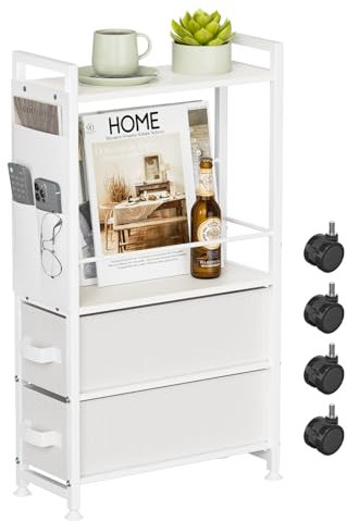 LyTaispuly Kleiner Schmaler Beistelltisch für Kleine Räume, End Tabelle Nachttische mit Schubladen&Räder, Skinny Sofa Nachttisch mit Lagerung Tasche für Wohnzimmer Couch Schlafzimmer Badezimmer (Weiß)