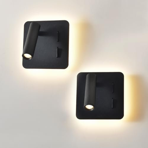 Leselampe Wand,2er Wandlampe mit Schalter Schwarz,Modern Led Wandleuchte Innen 3w+8w, Leselicht Schwenkbar 180°,Wandbeleuchtung für Schlafzimmer,Hotels,Wohnzimmer,Nachttischlampe,3000k Bettlampe