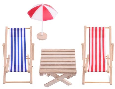 Yuanchu Miniatur Puppenhaus Strandstuhl, 4 Stück 1:12 Strand Dekoration Outdoor Zubehör Mini Puppen Zwillings Liegestühle Regenschirm Tisch für DIY Garten Zen Meer Strand Möbel Dekor Geschenk