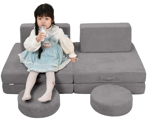 MeMoreCool Kindersofa aus Cord, Schaumstoff Soft Bausteine Couch, modulares Fancy Spielsofa einen aufregenden Indoor-Spielplatz für das Kinderzimmer, Kuschelecke ideal für Kinder, Grau