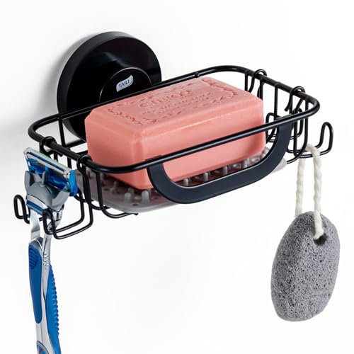 TAILI Soap Dish Suction Cup with Hooks and Silicone Pad for Shower Wall, Soap Holder Saver for Bathroom, Tub, Kitchen, No-drilling, Waterproof & Rustproof Stainless Steel Sponge Holder, Black