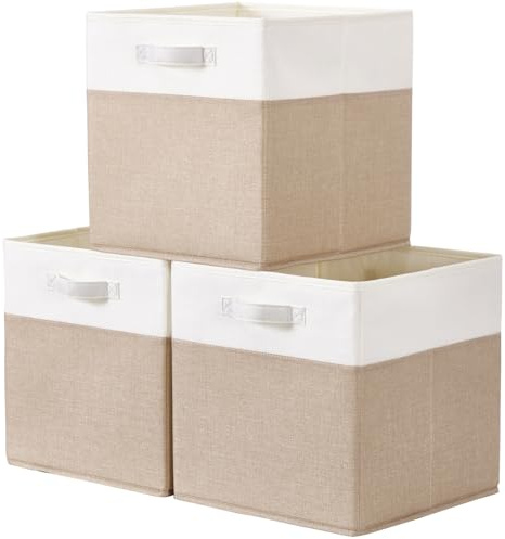 SOCOHOME Würfel Aufbewahrungsboxen,33x33x33cm Korb,Flache Stoff-Aufbewahrungskörbe für Kleiderkörbe,Truhen,Spielzeug,Regal(Helles Khaki/Weiß, 3 Pack)