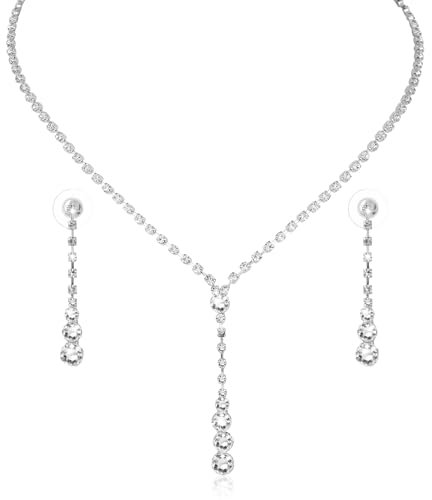 Yolev 2 Stück Silber Brautschmuck Hochzeit Schmuck Set für Damen Set Hochzeit Braut Strass Halskette Dangle Ohrringe Glänzendes Armband Party Braut Brautjungfer Schmuck
