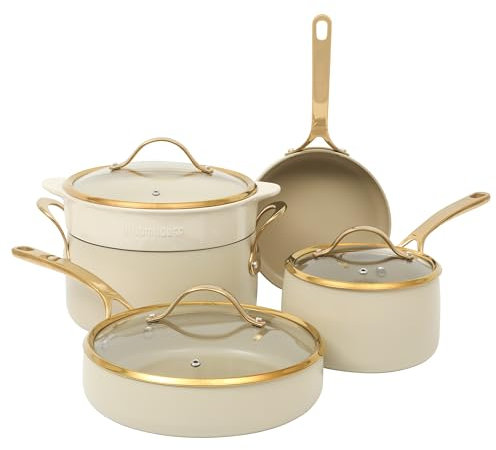 Bloomhouse - Oprah's Favorite Things - 8 Piece Pots and Pans Heavy Duty Aluminum Premium PFA Free Ceramic Nonstick Cookware Set - Almond Cream w/Gold Handle