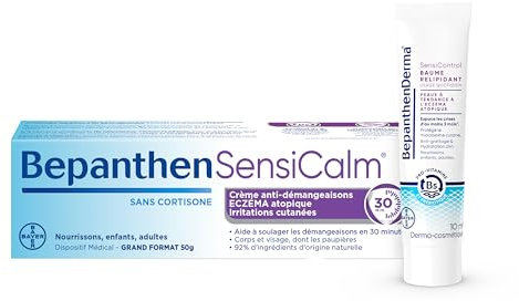 Bepanthen Sensicalm Crème Eczéma & Anti Démangeaisons - Soulagement Rapide 30 min - Eczéma Atopique - Sans Parfum ni Cortisone - Grand Format 50g + BepanthenDerma SensiControl Baume Relipidant 10ml