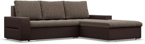 Mebligo - Ecksofa mit Schlaffunktion und Bettkasten Aurora, Eckcouch mit Ottomane Rechts, Sofa L Form (BxTxH) 243 x 200 x 92 cm, Couch Wohnzimmer, Ecke Sofa, Braun + Braun (Samt und Kunstleder)