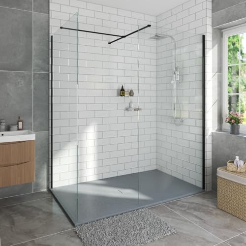 Aquariss 1400x900mm Black Walk in Shower Enclosure 900mm+900mm and Tray | Reversible, 8mm Tempered Easy Clean Glass, Stainless Steel Support Arm, Wall Adjustment, Anthracite Shower Tray and Waste