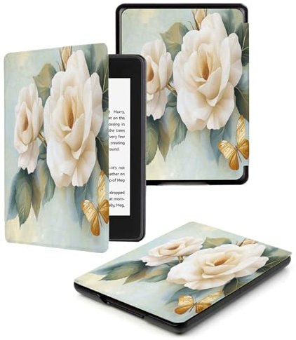 Étui pour Kindle Voyage 2014 – Étui pour Kindle Voyage (Publié en 2014, Modèle N° Nm470Gz) – Liseuse avec Fonction Veille/Réveil Automatique Papillon Rose Blanche