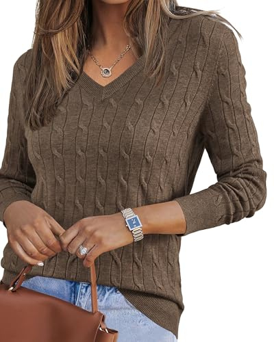 Arach&Cloz Jumpers for Women Fall Winter V Neck Long Sleeve Cable Tops Casual Outfits Wool Sweater (Coffee, M)