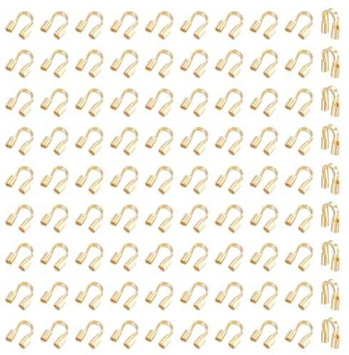PLIGREAT 100 Pcs 14K Gold Plated Brass Wire Guardian, U Shape Wire Guard Cable Protector Loops Thread Protector for Necklace Earring Bracelet DIY Craft Jewelry Making, Hole 0.55mm