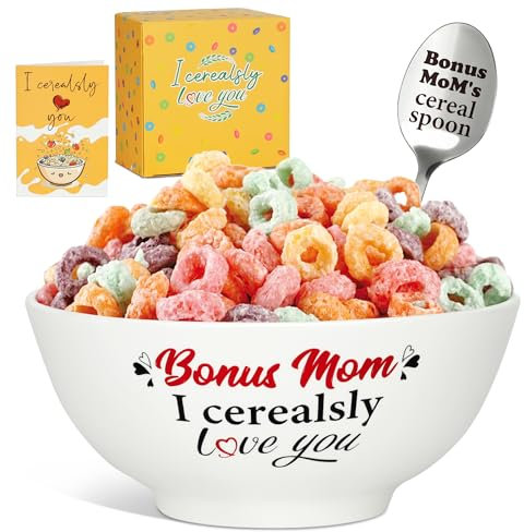Ciwuchu Bonus Mom Gifts - Cereal Bowl and Spoon Set with Card for Stepmom, Step Mom Gifts from Daughter Son, Ceramic Cereal Bowl Gift for Mother’s Day, Birthday, Christmas, Thanksgiving