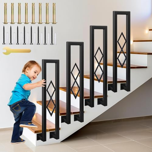 YUJEYHD Ringhiera per Scale Forma di U, Ferro Battuto Corrimano Interna con Diamante Decorare, Passamano Esterna per Corridoi e Entrata, Installazione Laterale Balaustra (Nero, 110cm)