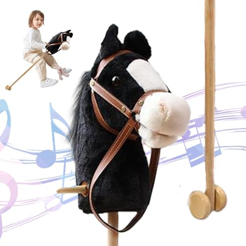 Hobby Horse su un bastone, cavallo a bastone con effetti sonori realistici peluche 39 hobby Halloween alto con ruote e impasto per non slittamento a palo in legno sul giocattolo per bambini, cavalca